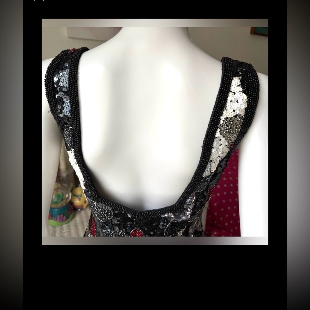 Vintage Oleg Cassini Sequin Silk Mini Dress BodyCon Low Cut Black & White Size 4 - Picture 6 of 12